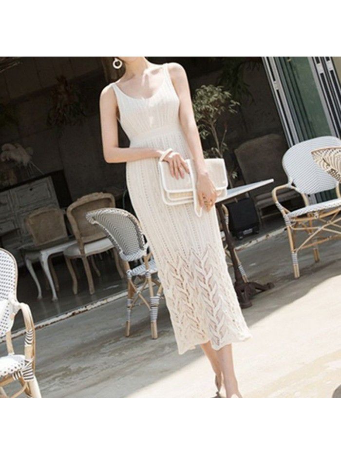 Spring/Summer Mid length Knitted Sling Dress for Women Sleeveless Outwear Over Knee Skirt Underlay Tank Top Long Dress 