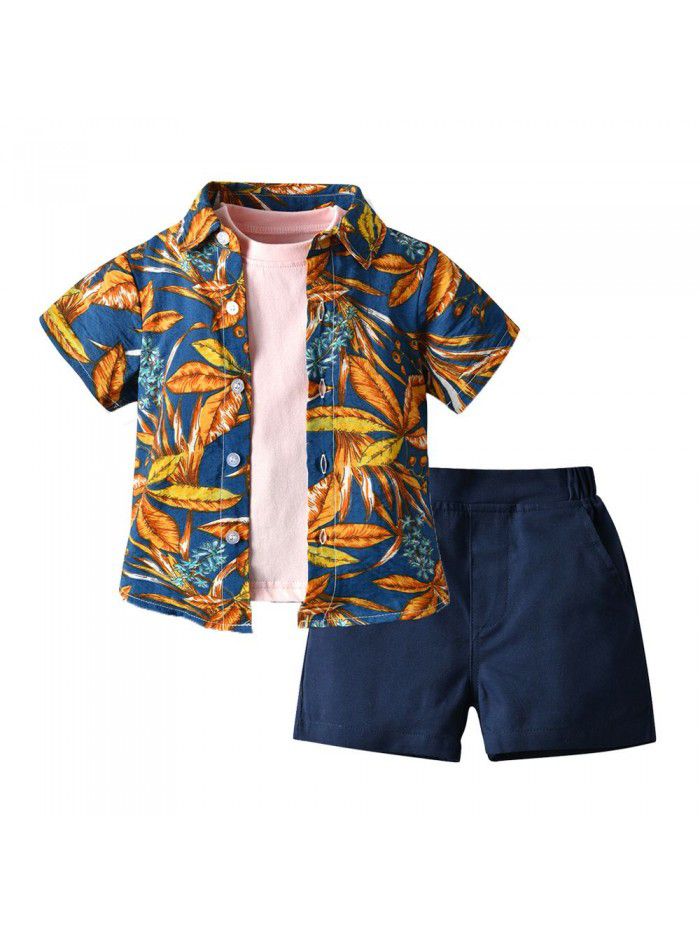 Children's Hawaii Set Boys' Fashion Flower Shirt Coat Short Sleeve T-shirt Shorts Three Piece Set 