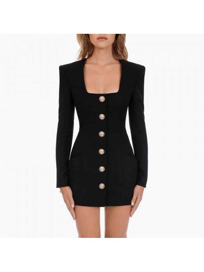 Spring and Autumn New Fashion Solid Color Square Neck Single breasted Long Sleeve Zipper Short Women's Dress 