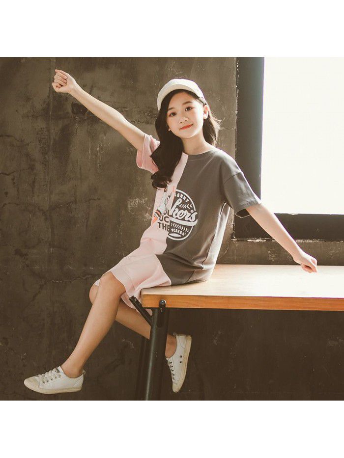 Summer Mid sized Girls' and Girls' Clothing Color Matching Letter T-shirt Short Sleeve Dress Children's Dress Parent-child Dress 