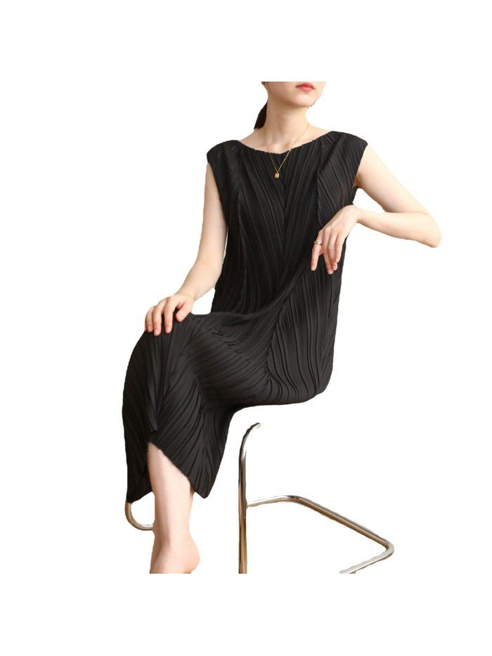 High end pleated minimalist fashion casual mid length herringbone pleated dress 