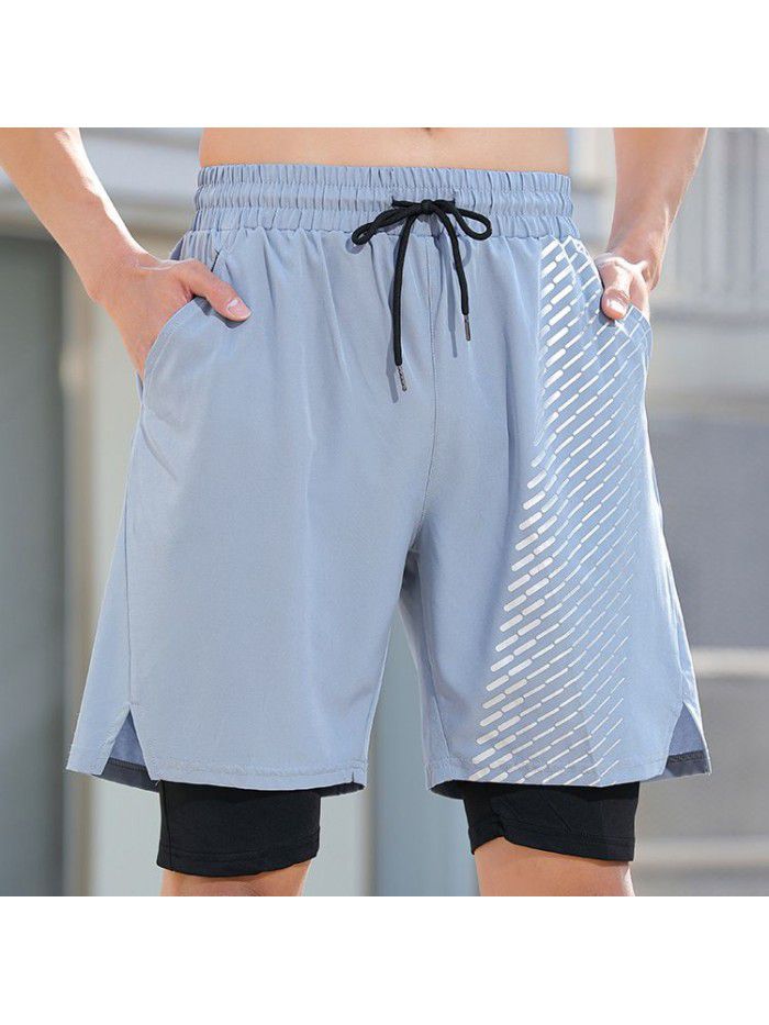 Fake Two Piece Double Layer Quick Drying Sports Shorts for Men's New Printed Breathable Split Running Fitness Capris 