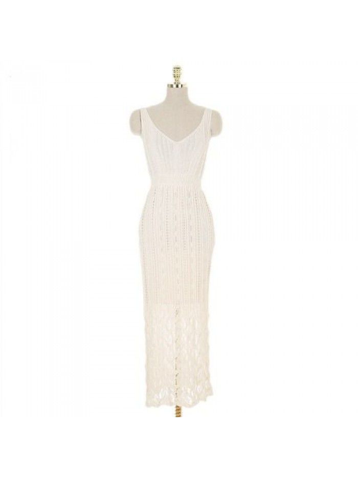 Spring/Summer Mid length Knitted Sling Dress for Women Sleeveless Outwear Over Knee Skirt Underlay Tank Top Long Dress 