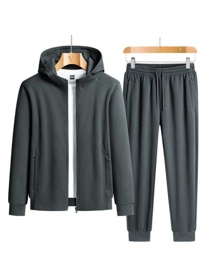 Spring and Autumn New Leisure Sports Pearl Cotton Large Set Men's Trendy Solid Hooded Set 