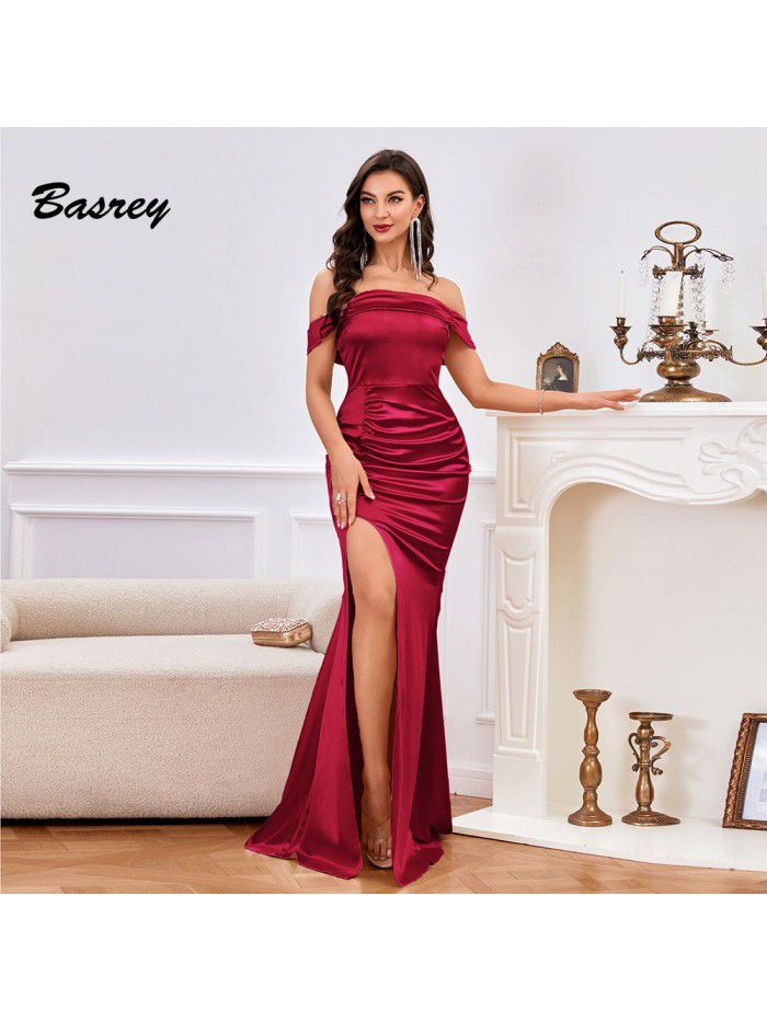 Premium Off Shoulder Colored Split Evening Dress Bridesmaid Dress Long Dress 