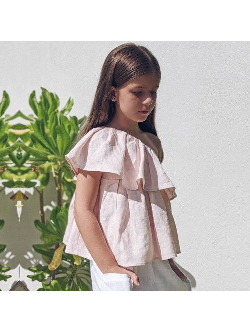 Girls' cotton and linen top girls' diago...