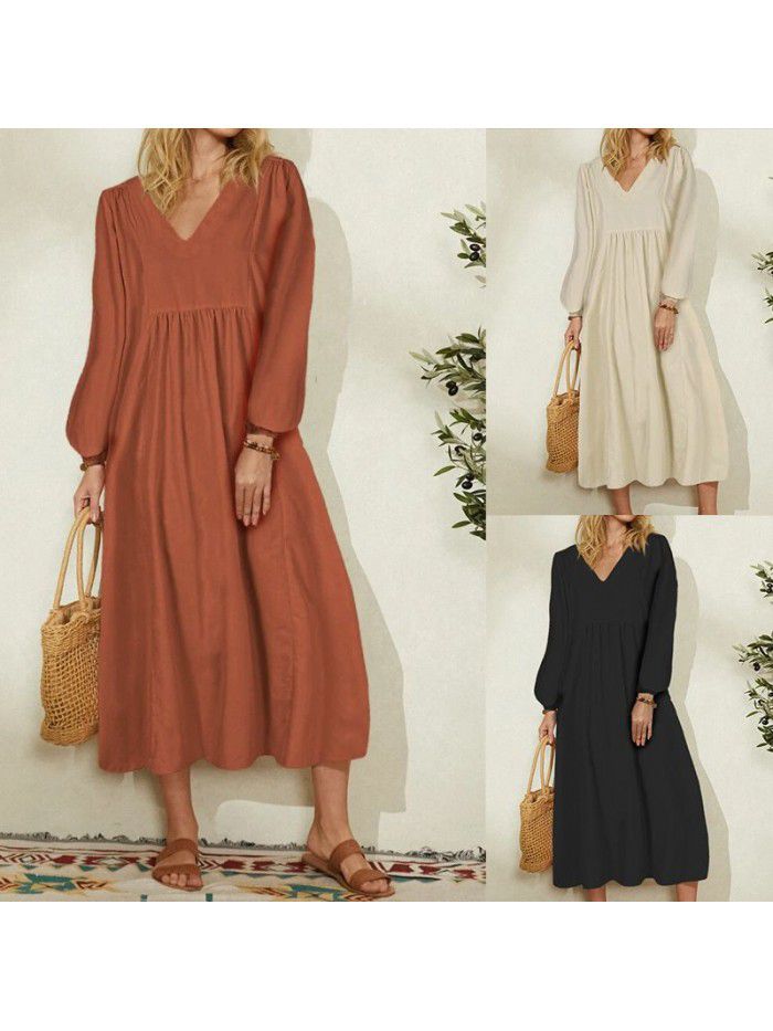 Summer New Fashion Women's Cotton Hemp Loose Lantern Sleeve Dress