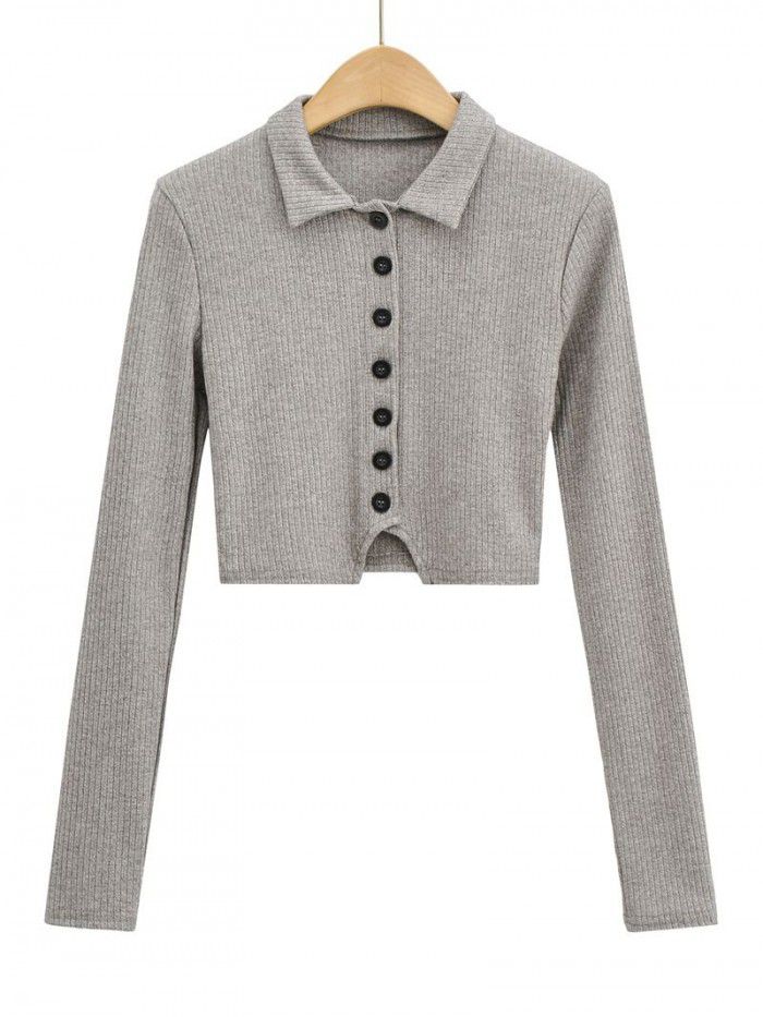 Polo polo collar long-sleeved blouse women's new style pure hot girl slim fit single breasted high waist exposed navel short t-shirt 