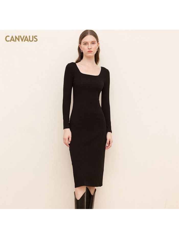 Square neck cotton medium length dress for women, solid color, long sleeved, slim fitting, split waist, pencil skirt for women 