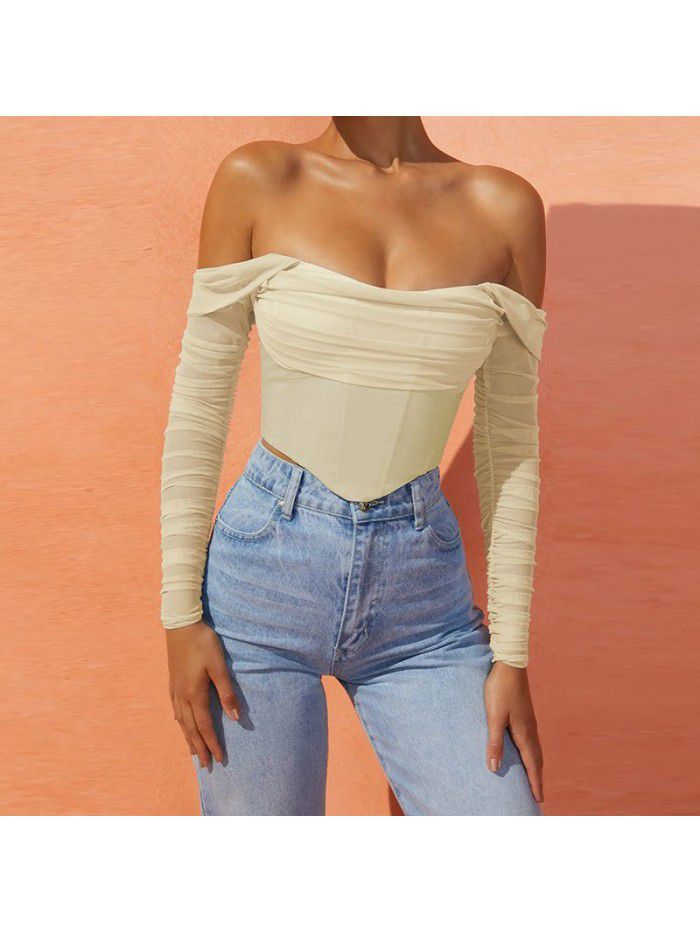 mesh fishbone perspective one line collar exposed navel short T-shirt top for women 