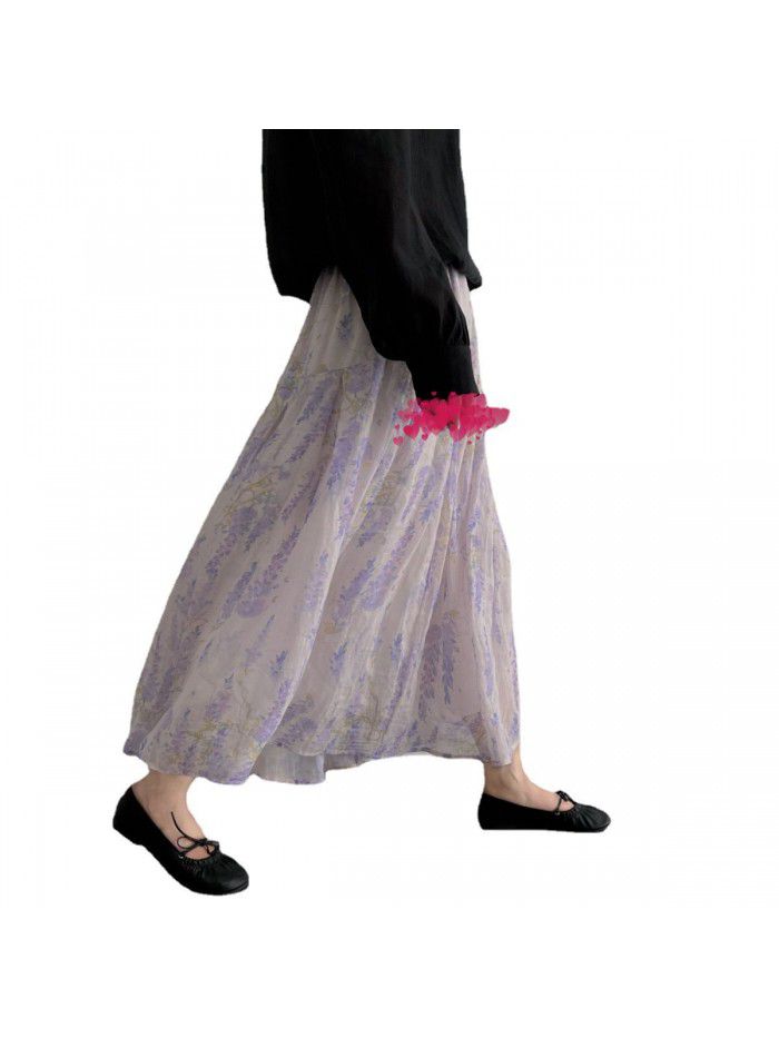 Spring New Artistic Style Versatile Spring/Summer Ramie Print Half length Skirt Mid length A-line Skirt for Women 