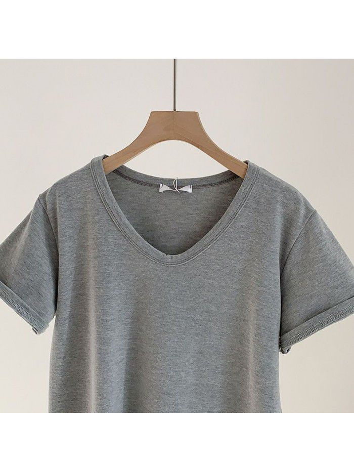 V-neck brushed T-shirt for women's early autumn new product temperament Korean Morandi solid color versatile short sleeved T-shirt for women 