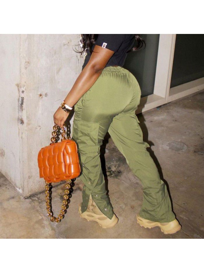 Summer Street Style High Waist Straight Barrel Drawstring Lace Up Buckle Casual Pants 