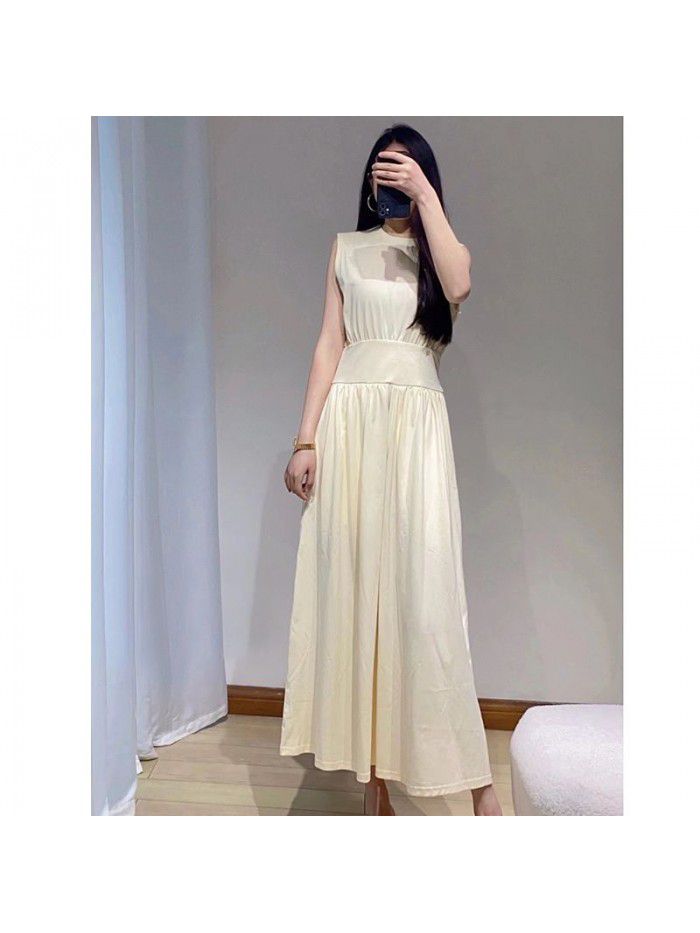 2023 Spring Casual Cotton Two Tone Waist A Line Flare Hem Mid length Sleeveless Women's Dress 
