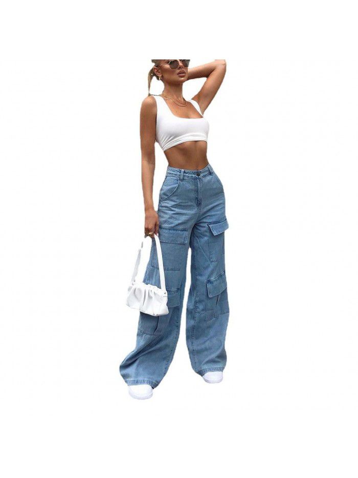 Women's Jeans Wash Large Pocket Loose Women's Denim Pants 