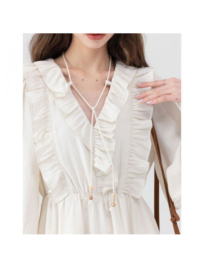 New Year Sweet and Gentle V-neck Apricot Long Dress Versatile Commuter Waist Slim A-line Dress 