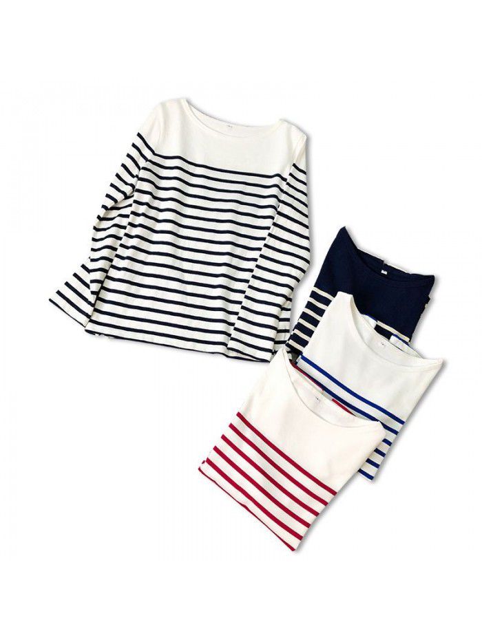 New coarse cotton striped T-shirt for women with long sleeved tops and autumn bottoms for women with loose spring and autumn bottoms for women 