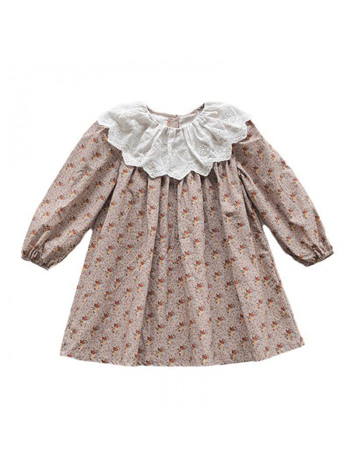Children's retro lace ruffled collar girl's dress autumn Korean version floral long sleeved girl's dress 