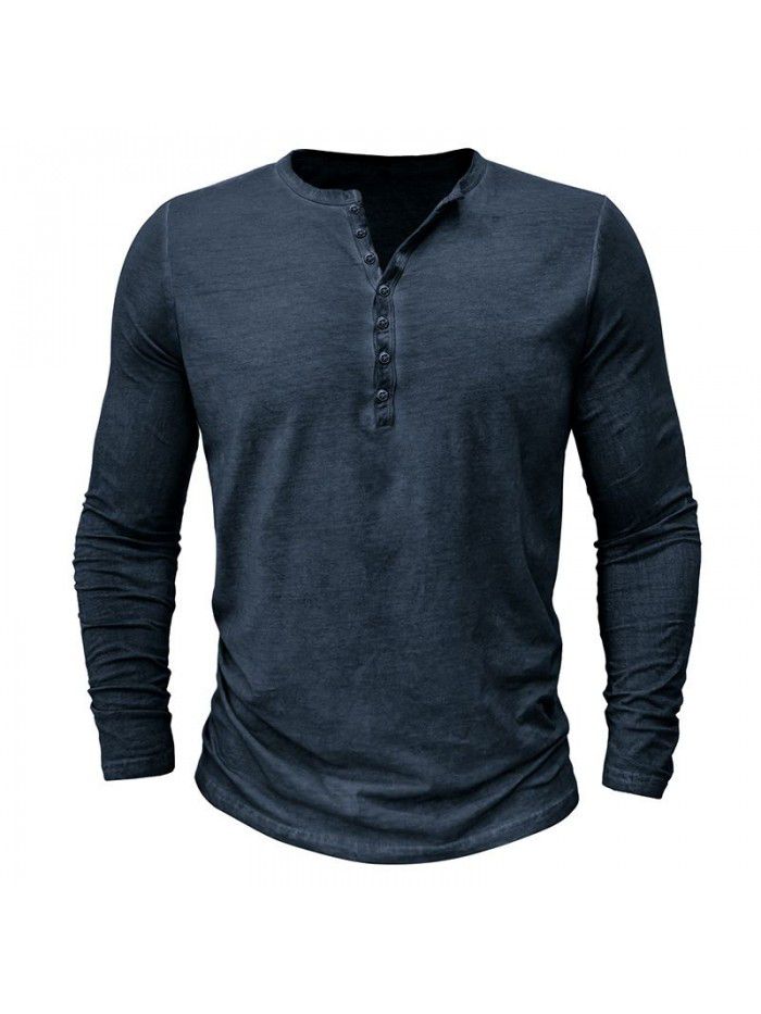 Men's imitation old Henry shirt retro long sleeved T-shirt cross-border men's button washed old V-neck T-shirt top 