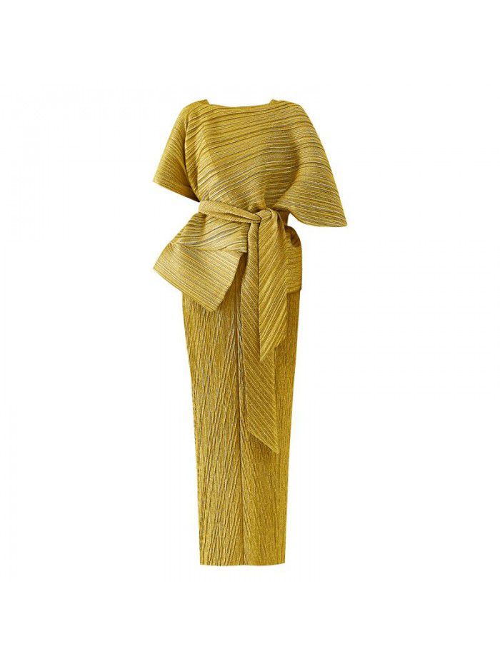 Summer New Two Piece Set Temperament Women's Slim Fit Long Party Fashion Pleated Dress 