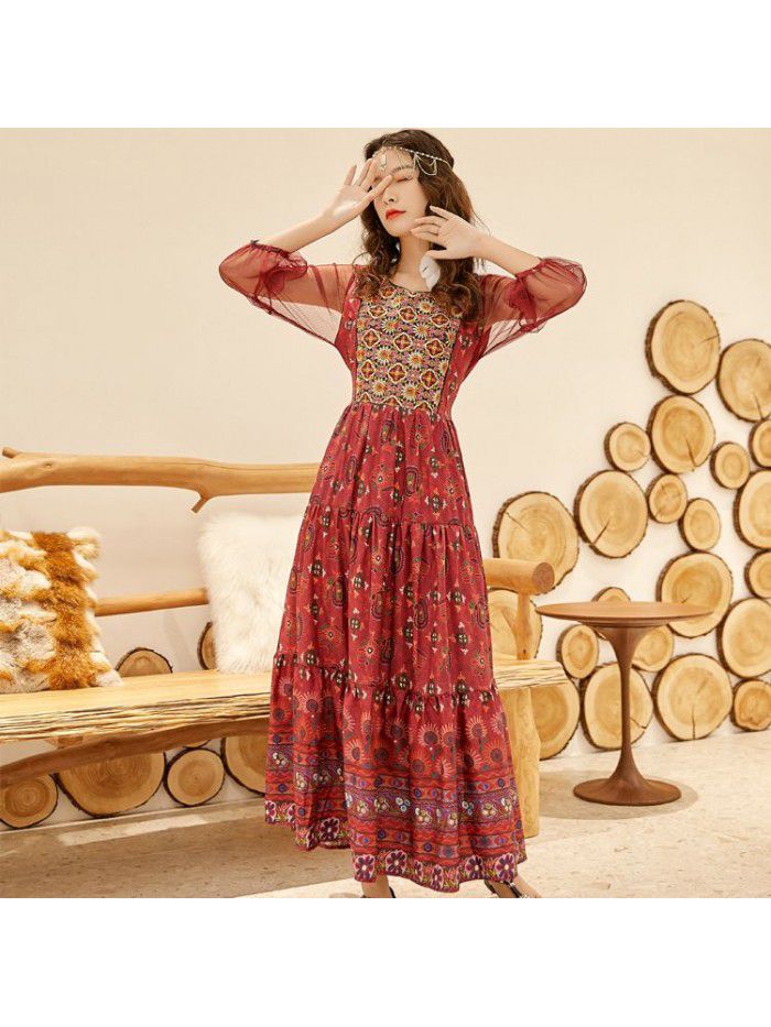 3/4 Sleeve Mesh Printed Long Dress Embroidered Ethnic Style Swing Dress 