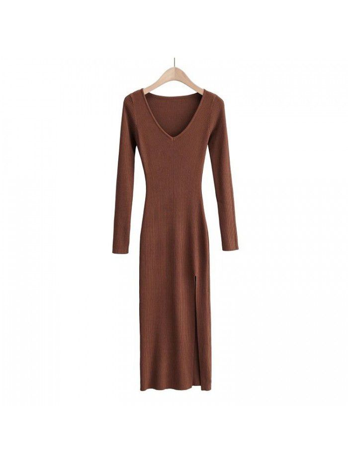 Dress Autumn and Winter Style Temperament Slim Fit V-neck Over Knee Long Dress Sexy Side Split Knitted Dress  Dress Autumn and Winter Style Temperament Slim Fit V-neck Over Knee Long Dress Sexy Side Split Knitted Dress