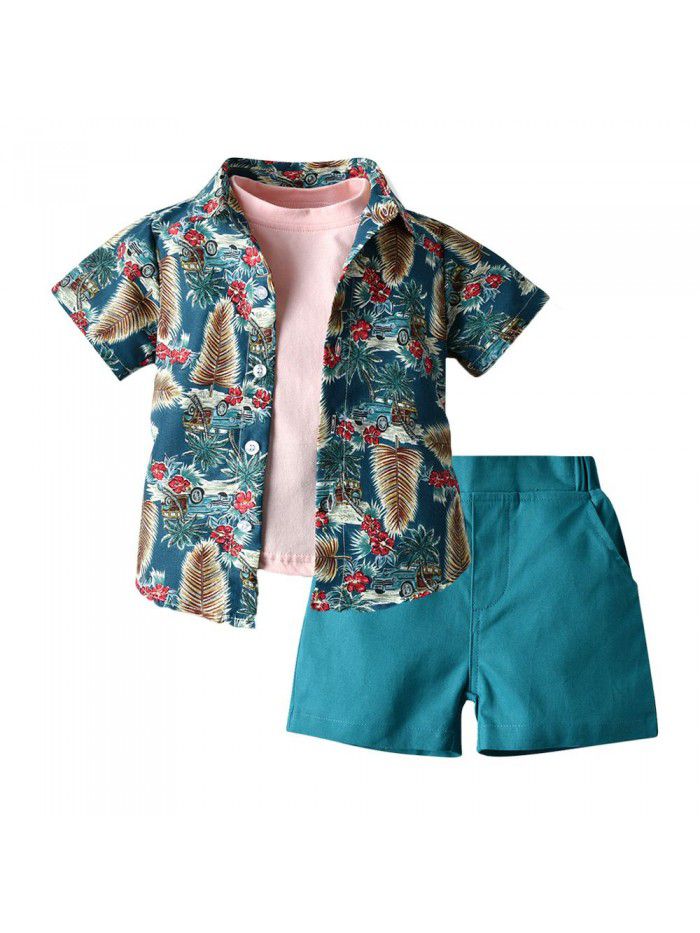Children's Hawaii Set Boys' Fashion Flower Shirt Coat Short Sleeve T-shirt Shorts Three Piece Set 