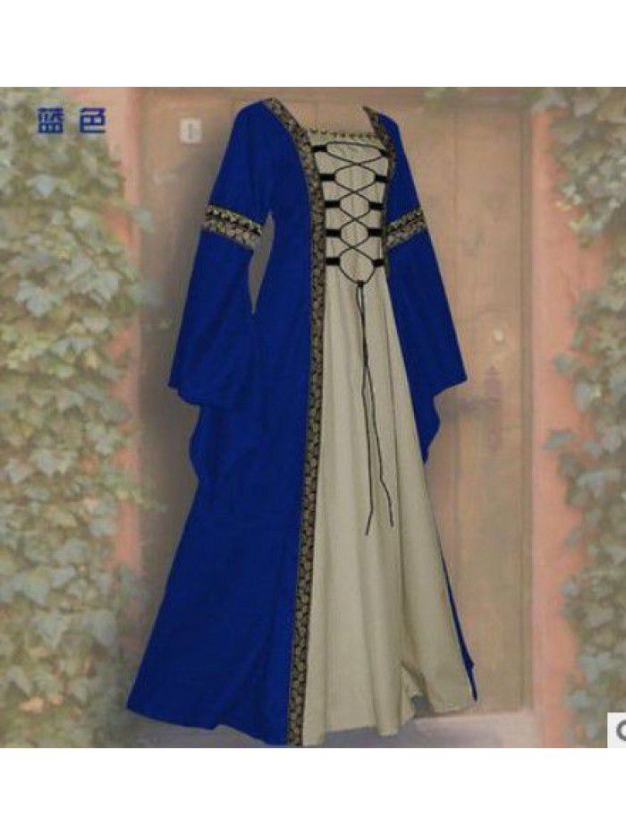 Square neck long sleeved flared sleeve lace up long style dress Gothic retro women's clothing 