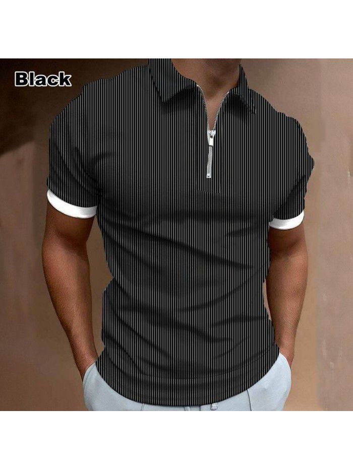 New men's POLO shirt Men's casual short sleeved lapel T-shirt 3D printed short sleeved zipper POLO 