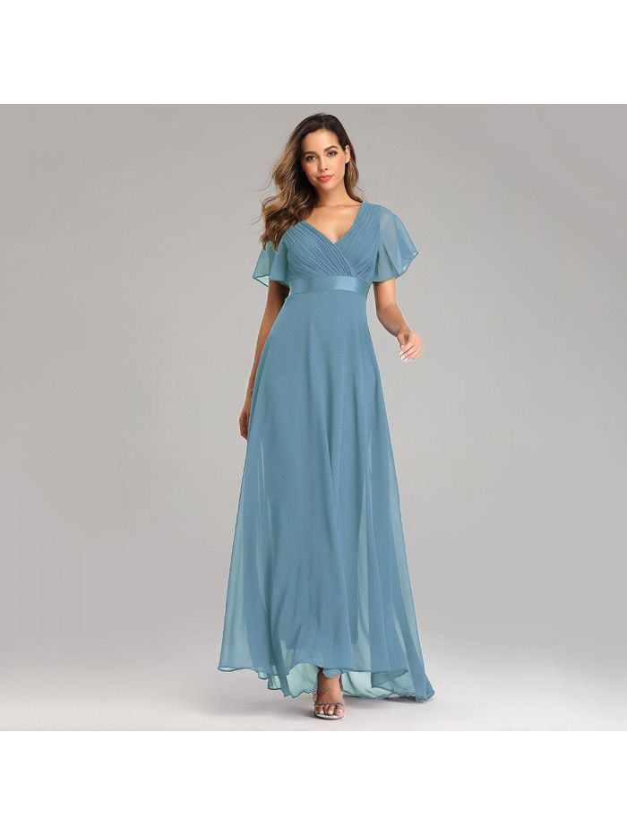 Spring/Summer Handmade Folded Big Swing Double V-neck Flare Sleeve Dress Elastic Chiffon Banquet Bridesmaid Large Evening Dress 