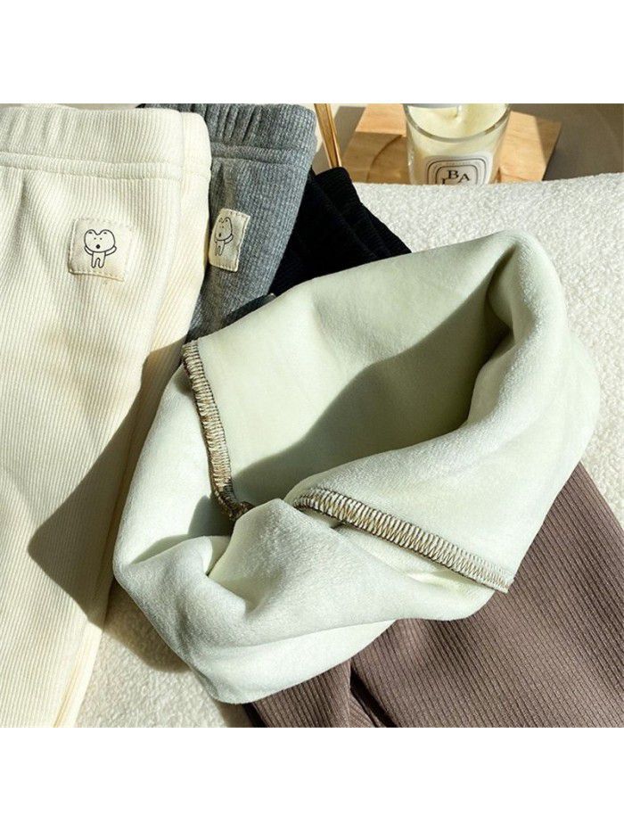 Autumn and winter girls' baby plush slim fitting elastic pants for children's composite one piece milk protein velvet leggings 