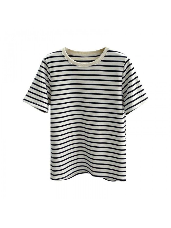 Plush matte striped round neck short sleeved T-shirt for women's spring loose beige apricot stripe bottom top 
