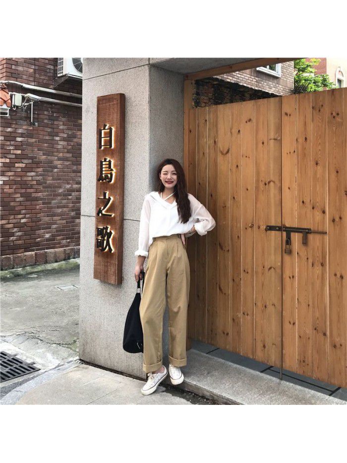 Spring/Summer Korean Version Simple Versatile Loose BF Port Style Casual High Waist Work Wear Straight Tube Casual Pants Women's Wide Leg Pants 