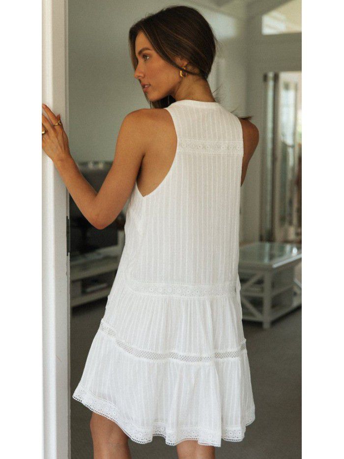 Women's vacation short skirt with lace stitching, stand up collar, button up, and large swing dress 