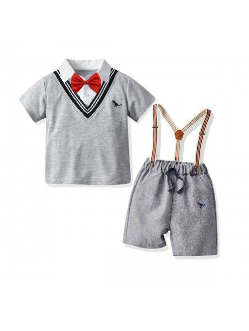 Children's Set Summer Boys' Grey Fake Two Piece T-...