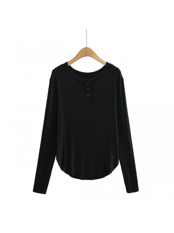 Spring and Summer New Women's Curved Bottom Access Control Three Button Round Neck Long Sleeve Loose Casual Long T-shirt Top 