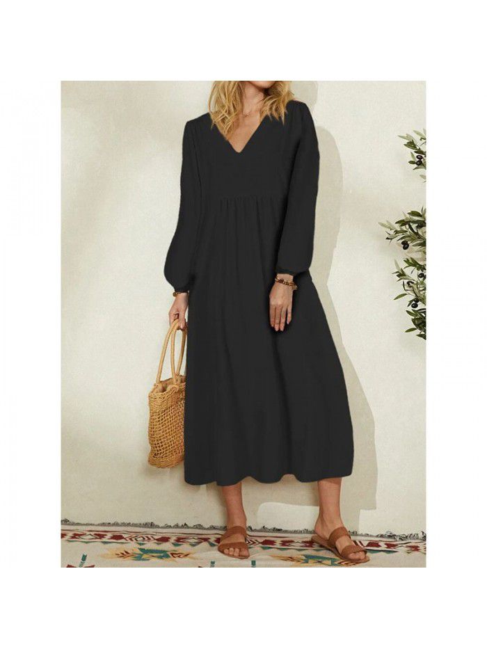 Summer New Fashion Women's Cotton Hemp Loose Lantern Sleeve Dress