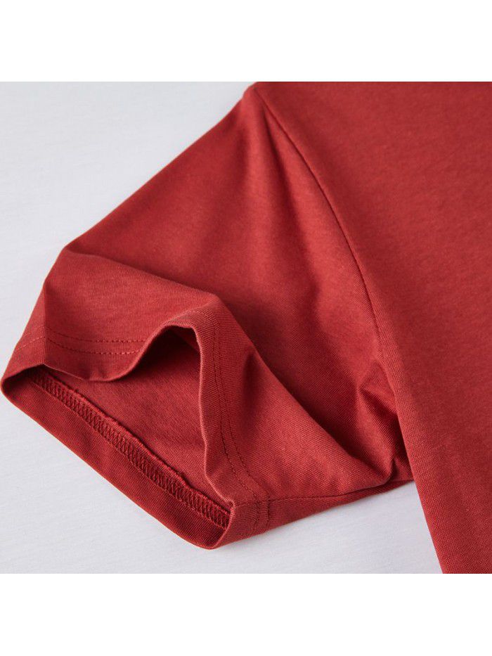 Retro Retro Red Short Sleeve Round Neck T-shirt Solid Cotton Half Sleeve Fashion Men 