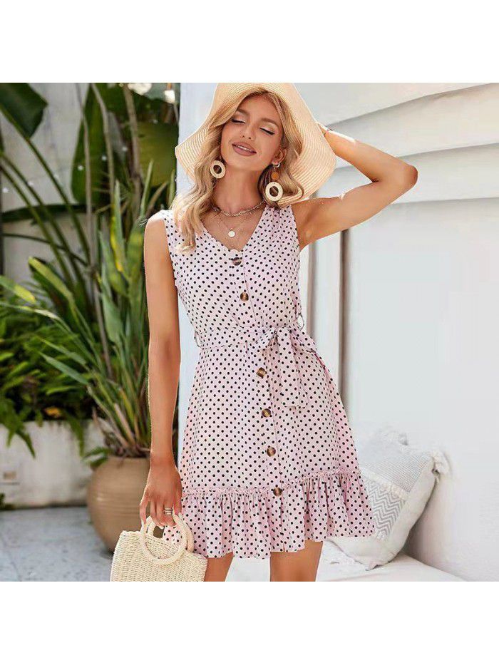 Summer Lace up V-neck Mid length Dress Temperament Commuter New Wave Dot Dress 