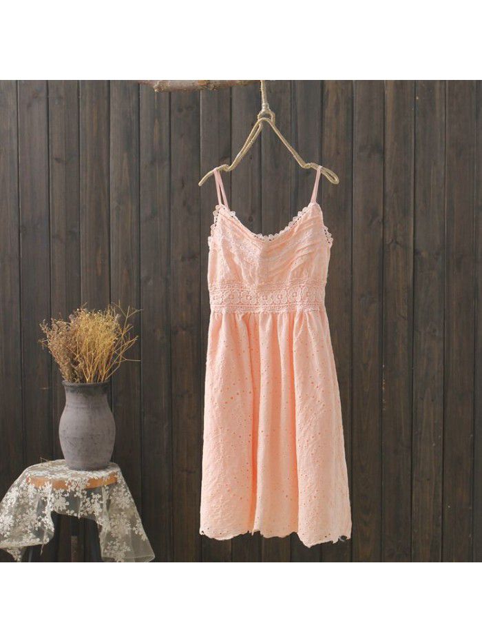 Small fresh seaside resort v-neck waist beach skirt fairy temperament cotton lace open back suspender dress 