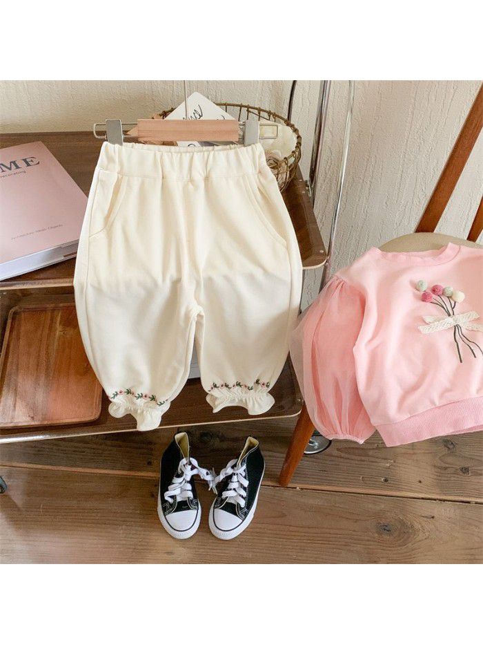 Children's casual pants Spring and Autumn Korean version Girls' embroidered leggings Baby retro pants 