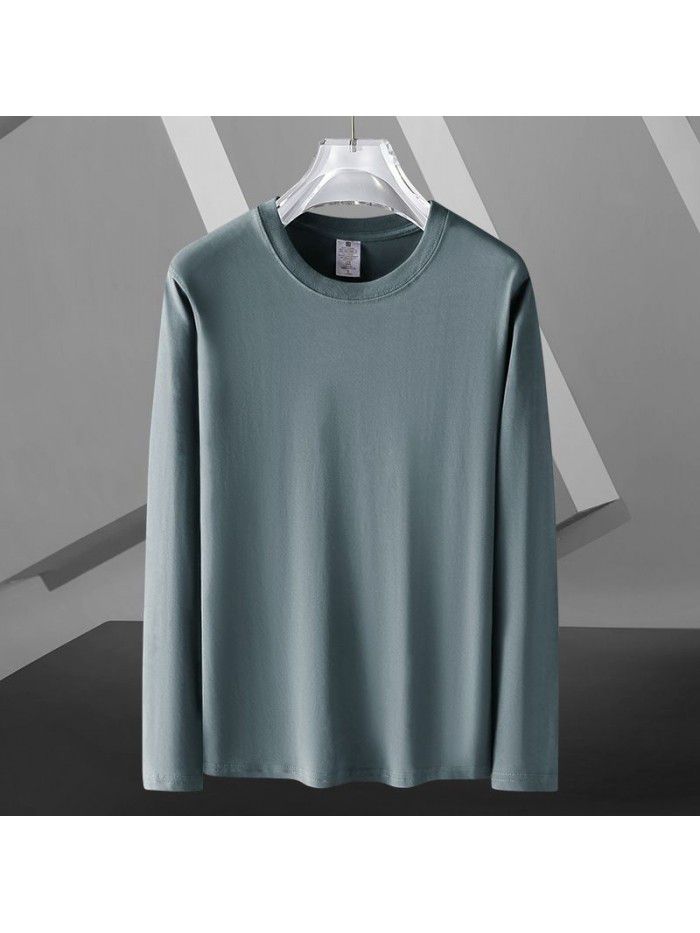 Long sleeved T-shirt for men in spring and autumn, round neck loose fitting pure white bottom shirt for men's upper garment 