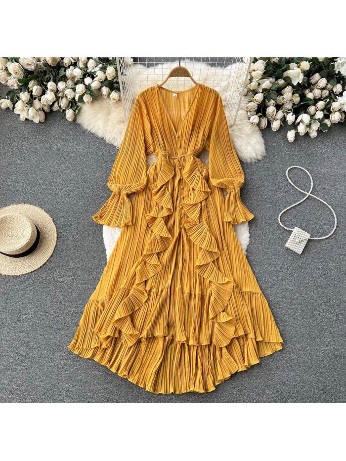 Fashionable and Sexy Solid V-Neck Ruffled Flare Sleeves to hem Dress  Fashionable and Sexy Solid V-Neck Ruffled Flare Sleeves to hem Dress