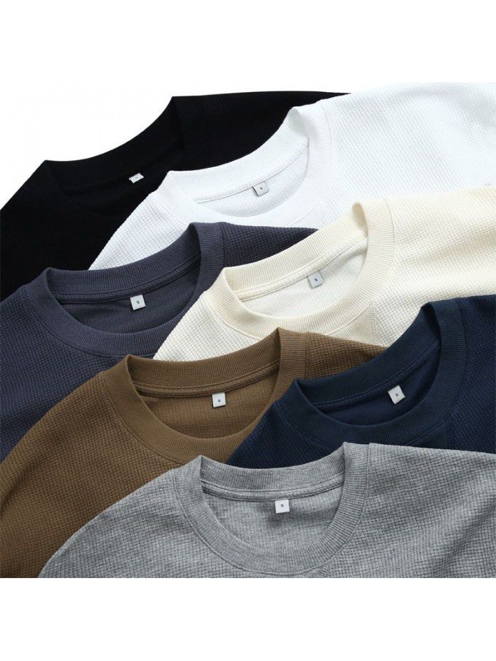 Waffle Long Sleeve T-shirt Men's Heavyweight Round Neck Loose Base Solid T-shirt 
