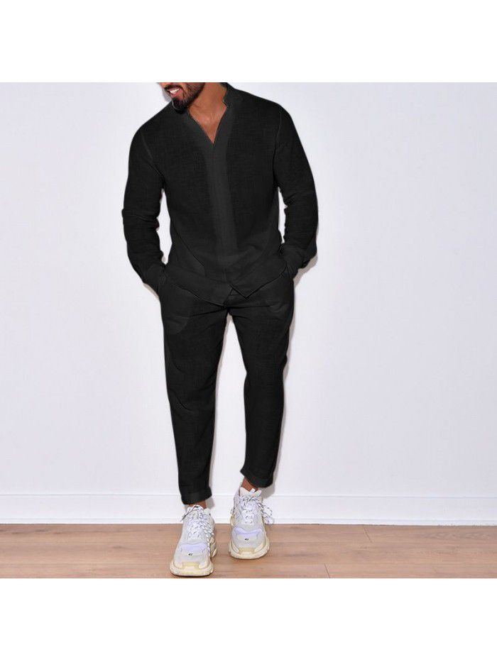 Men's linen autumn casual suit long sleeved one piece work pants 