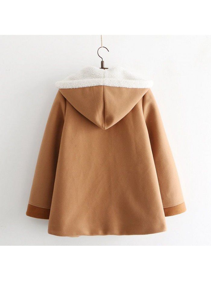 Forest Women's Winter Dress Cute Cat Embroidery with Plush Coat Warm Coat