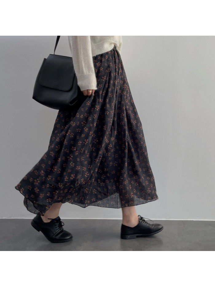 Spring New Artistic Style Versatile Spring/Summer Ramie Print Half length Skirt Mid length A-line Skirt for Women 
