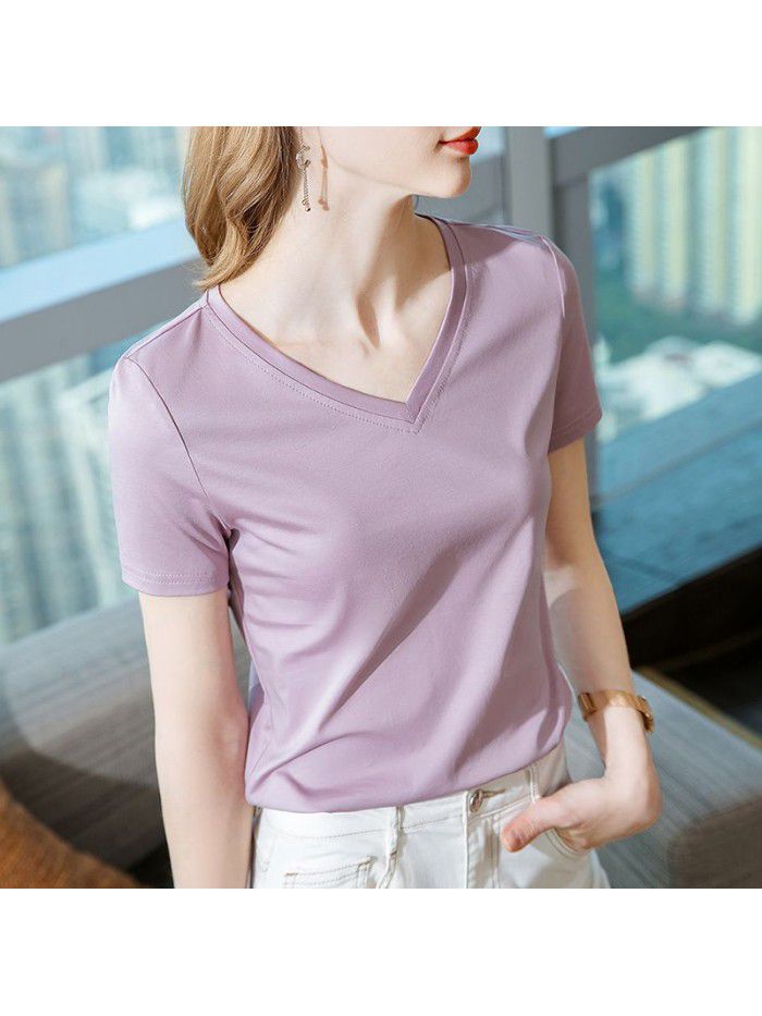 Ice feeling mercerized cotton short-sleeved t-shirt women's new style women's temperament v-neck pure cotton t-shirt pure color high-grade top 