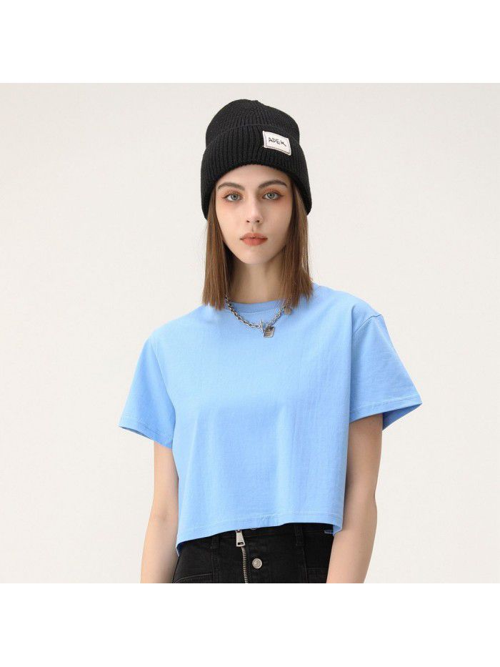 Short cut navel exposed short sleeved t-shirt for women Spring/Summer new niche short cut t-shirt made of pure cotton 