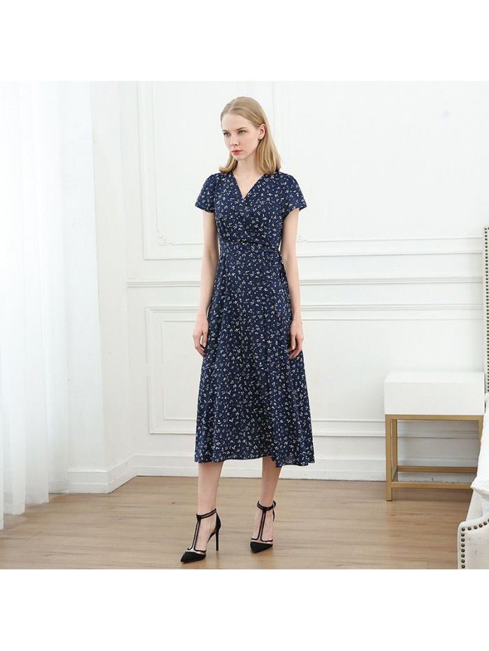 PGDVF French Vintage Dress Women's Summer New Fragmented Flower Large Hem Elegant Waist Slim V-neck Tea Break Dress
